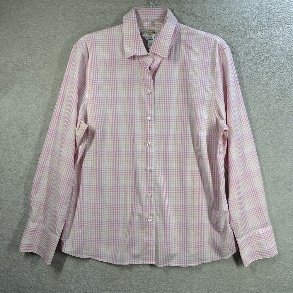 Talbots Wrinkle Resistant Stretch Blouse Size 14 Petal Pink Plaid Button Front